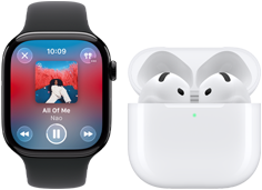 Na obrazie widoczny jest smartwatch z wyświetlaczem pokazującym okładkę albumu i tytuł utworu \'All Of Me\' oraz etui z otwartymi słuchawkami bezprzewodowymi. Na ekranie zegarka widnieje godzina 10:09 i nazwa wykonawcy \'Nao\'.