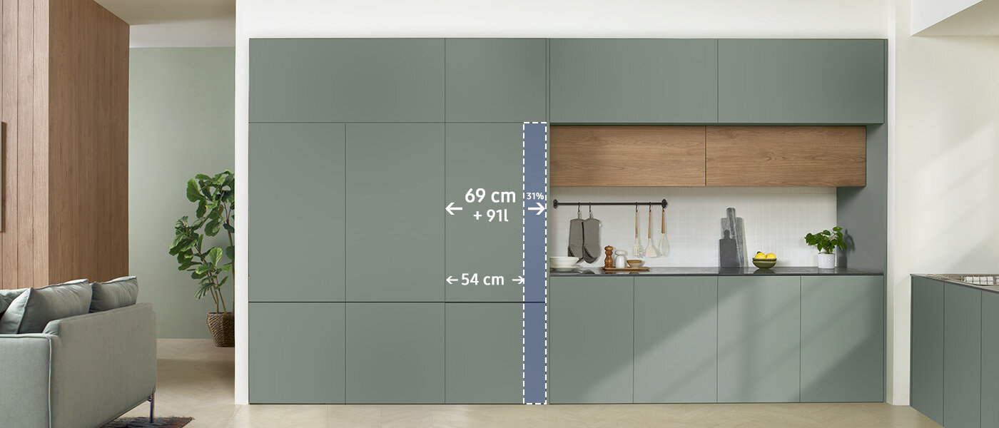 Ponadstandardowe wymiary lodówki BRB38G705EWW Kuchnia z zabudową w kolorze zielonym, z drewnianymi elementami nad blatem. Na obrazie widoczny jest tekst: \'69 cm + 9,11\' oraz \'54 cm\'.