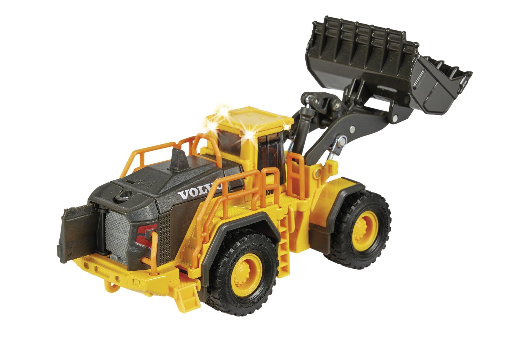 Metalowy model ładowarki w kolorze żółtym z czarnymi elementami, z widocznym logo \'VOLVO\' na tylnej części pojazdu.