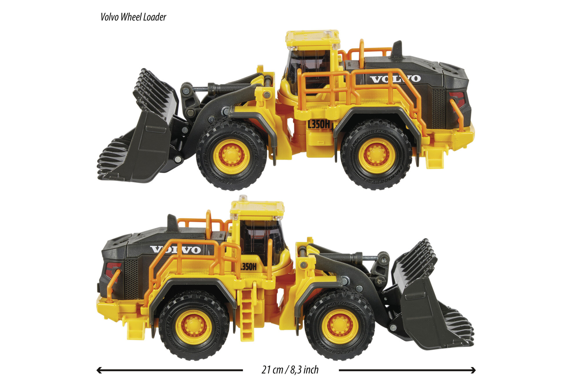 Obraz przedstawia dwa modele ładowarki Volvo L350H w kolorach żółtym i czarnym, z widocznym logo \'VOLVO\' oraz oznaczeniem \'L350H\'. Pod spodem znajduje się napis \'21 cm / 8,3 inch\'.