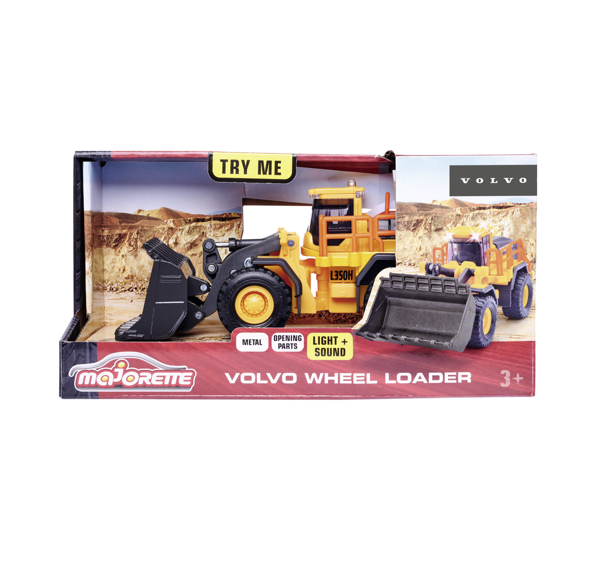 Opakowanie zabawki przedstawia metalowy model ładowarki Volvo L350H z funkcjami światła i dźwięku. Na opakowaniu widoczne są napisy: \'majorette\', \'VOLVO WHEEL LOADER\', \'TRY ME\', \'METAL\', \'OPENING PARTS\', \'LIGHT + SOUND\'.
