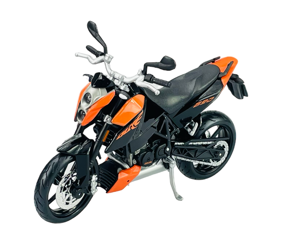 Model motocykla w skali 1:12, w kolorze pomarańczowo-czarnym z widocznymi detalami, takimi jak kierownica i reflektory. Na bocznej części widoczny jest napis \'690\'.