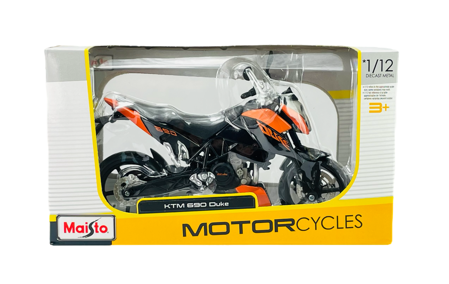 Opakowanie modelu motocykla Maisto KTM 690 Duke w skali 1/12, z widocznym motocyklem w kolorach czarnym i pomarańczowym. Na opakowaniu znajduje się logo Maisto oraz napis \'MOTORCYCLES\'.