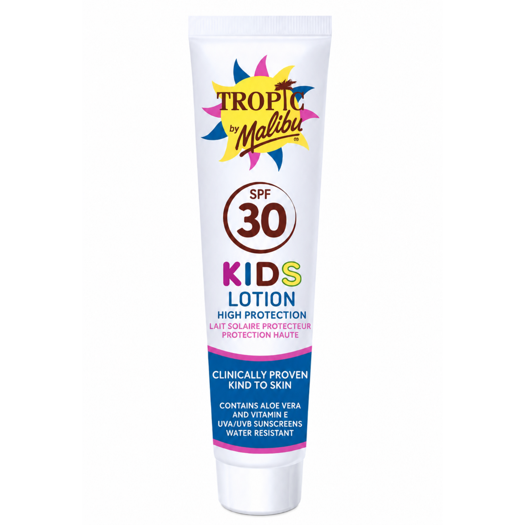 Biała tubka z kolorowym logo \'Tropic by Malibu\' i napisem \'SPF 30 KIDS LOTION HIGH PROTECTION\'. Zawiera informacje o składnikach: aloes, witamina E, filtry UVA/UVB, wodoodporność.