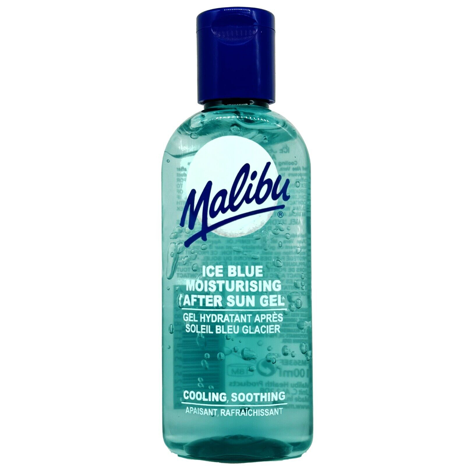Przezroczysta butelka z niebieskim żelem, z niebieską zakrętką i napisem \'Malibu Ice Blue Moisturising (After Sun Gel)\'.