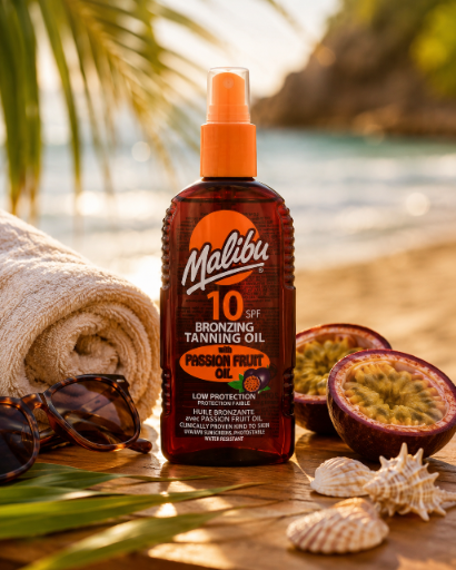 Butelka olejku do opalania Malibu SPF 10 z olejem marakui stoi na plaży obok ręcznika, okularów przeciwsłonecznych i muszelek. W tle widać morze i fragmenty roślinności.