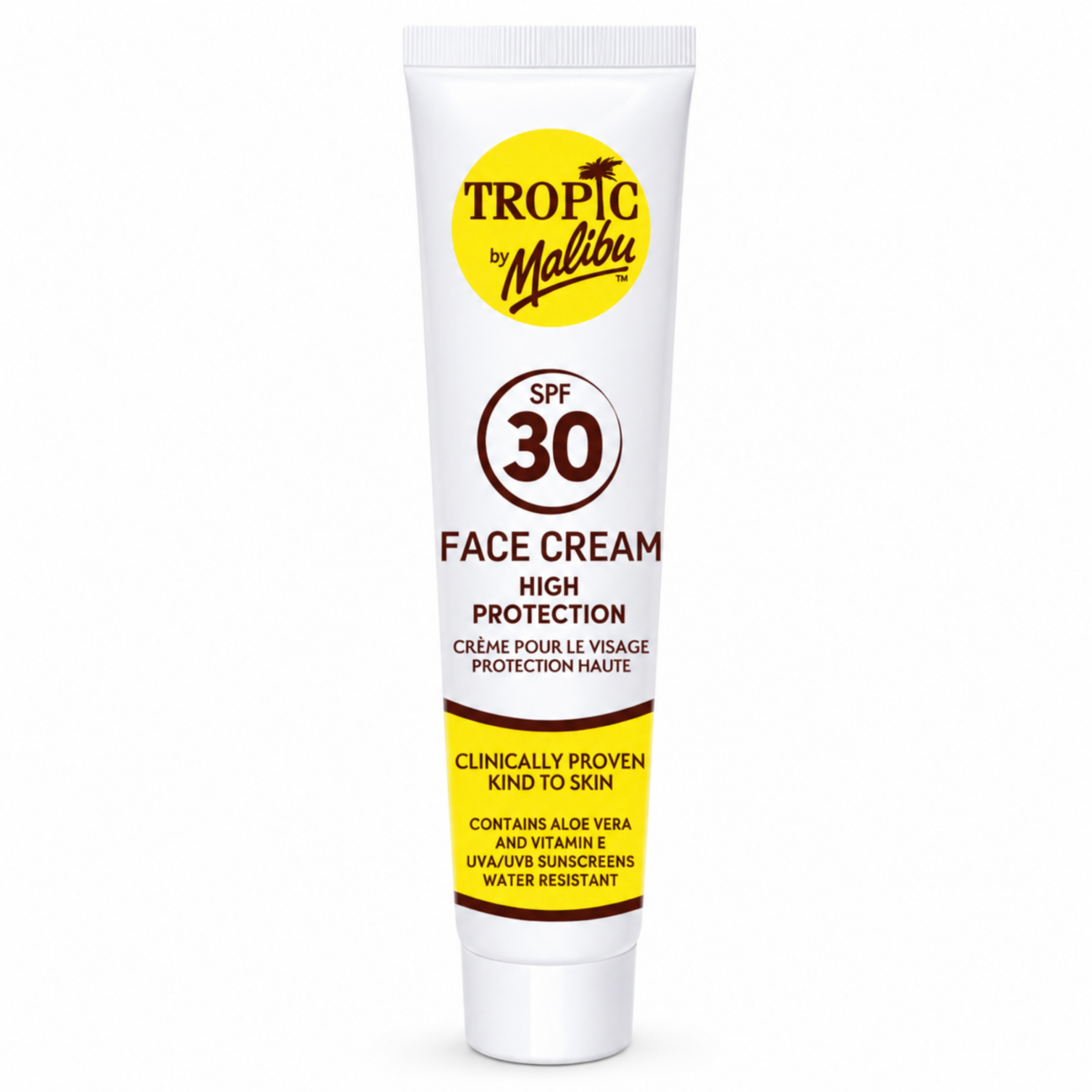 Biała tubka kremu przeciwsłonecznego z napisem \'TROPIC by Malibu SPF 30 FACE CREAM HIGH PROTECTION\'. Na żółtym tle widnieje tekst \'CLINICALLY PROVEN KIND TO SKIN CONTAINS ALOE VERA AND VITAMIN E UVA/UVB SUNSCREENS WATER RESISTANT\'.