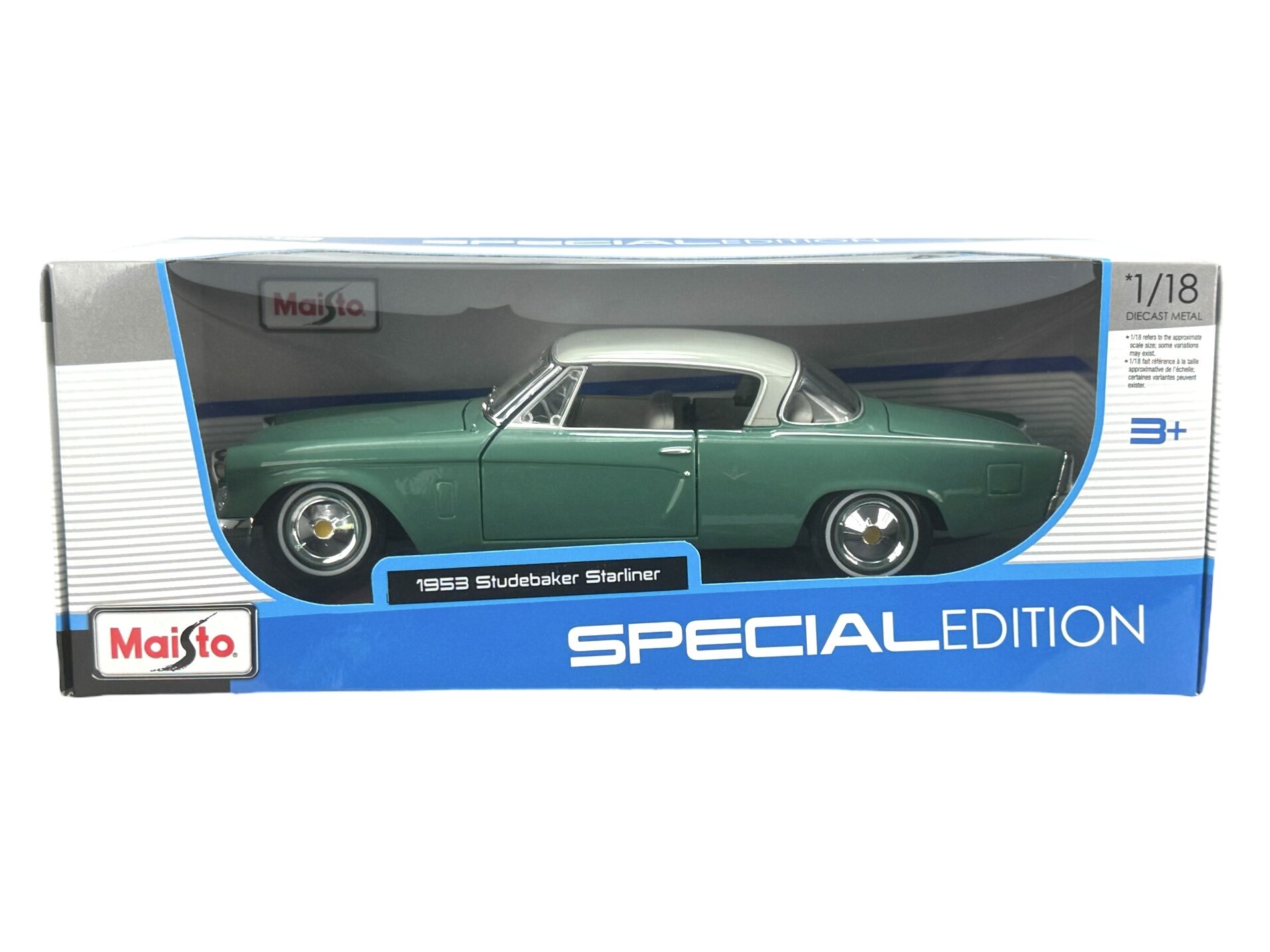 Model samochodu Maisto 1953 Studebaker Starliner w kolorze zielonym, zapakowany w pudełko z napisem \'SPECIAL EDITION\'. Na opakowaniu widoczne jest logo Maisto oraz oznaczenie skali 1/18 i informacja \'3+\'.