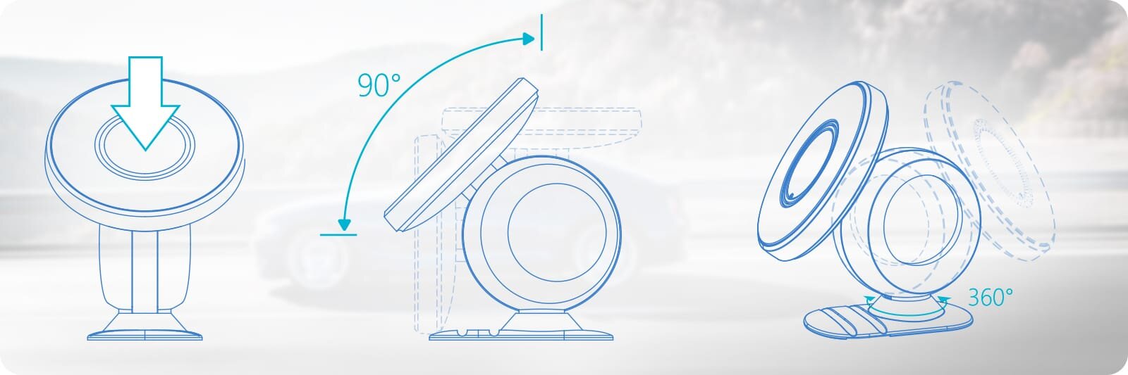 Ilustracja przedstawia schemat działania magnetycznego uchwytu na telefon, pokazując możliwość regulacji kąta nachylenia o 90 stopni oraz obrotu o 360 stopni.