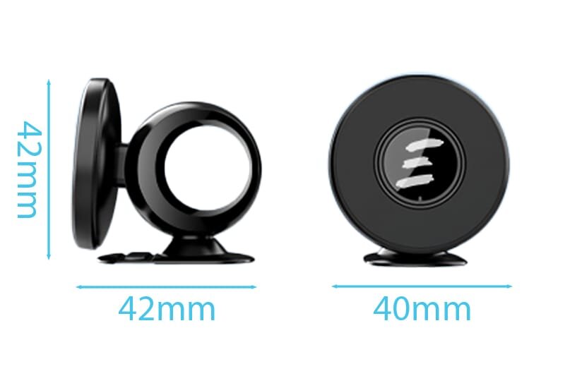 Obraz przedstawia magnetyczny uchwyt na telefon z możliwością obrotu o 360 stopni, z wymiarami 42mm wysokości i 42mm szerokości z boku oraz 40mm szerokości z przodu. Uchwyt jest czarny i ma okrągły kształt.