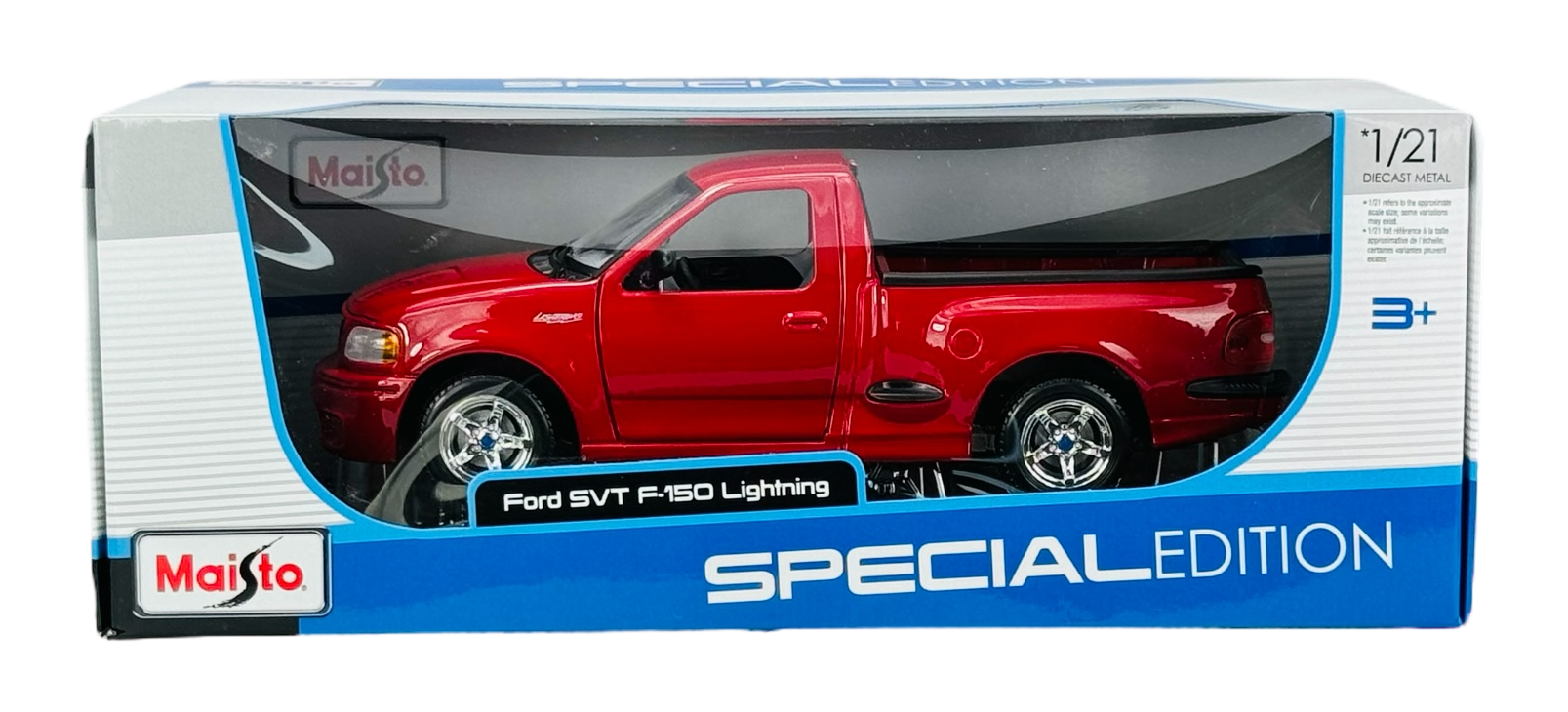 Model samochodu Maisto Ford SVT F-150 Lightning w kolorze czerwonym, zapakowany w pudełko z napisem \'SPECIAL EDITION\'. Na opakowaniu widoczne są napisy \'1/21 DIECAST METAL\' oraz \'3+\'.