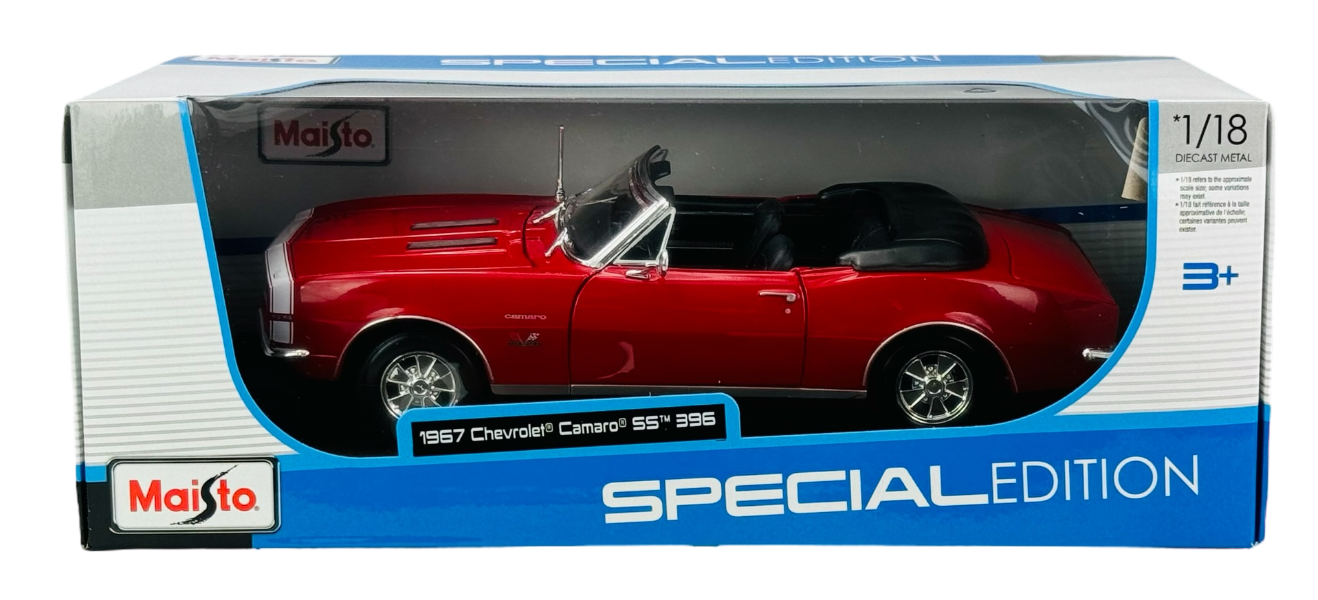 Model samochodu Maisto 1967 Chevrolet Camaro SS 396 w kolorze czerwonym znajduje się w opakowaniu z napisem \'SPECIAL EDITION\'. Na opakowaniu widoczne są również napisy \'1/18 DIE-CAST METAL\' oraz \'3+\'.