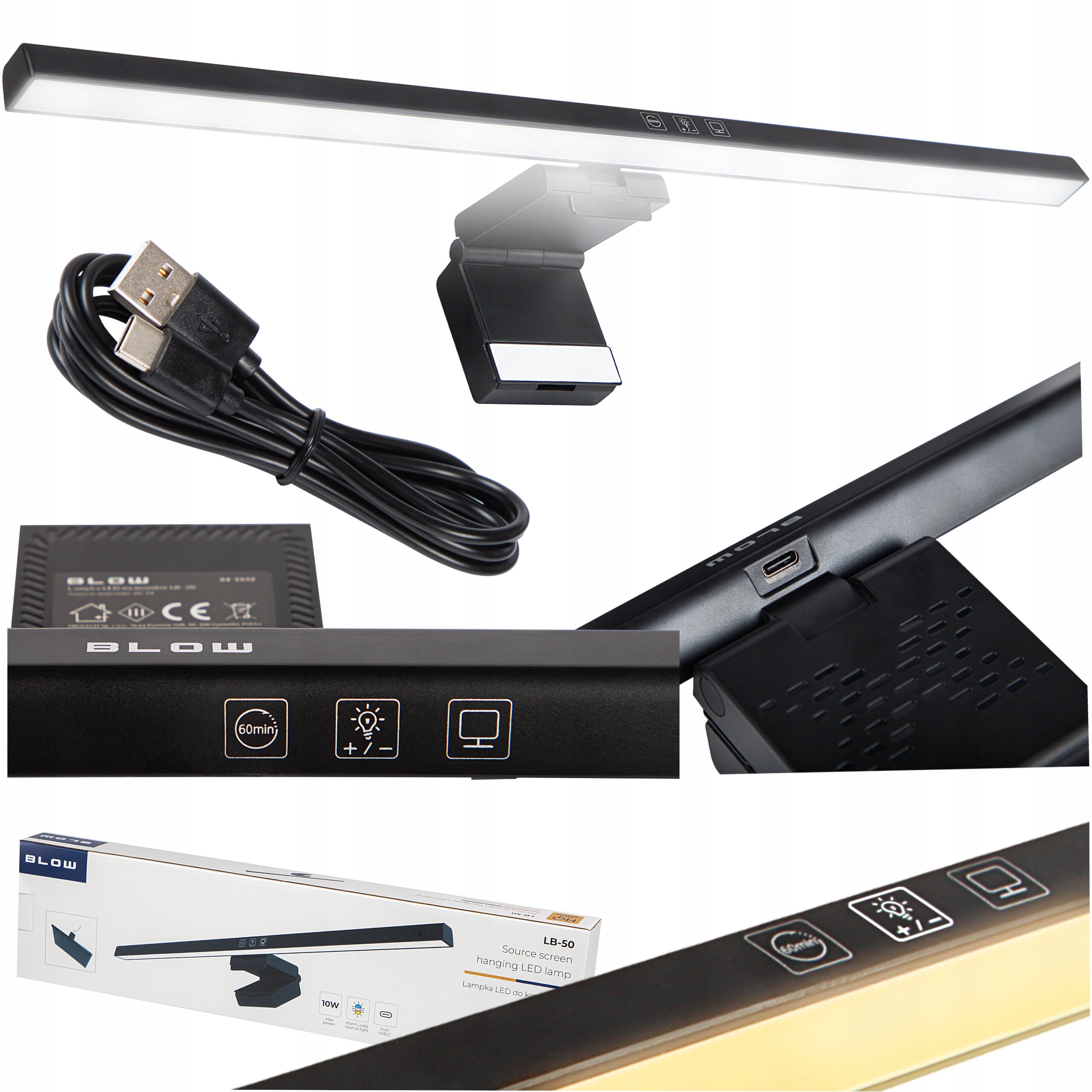 Na obrazie widoczna jest czarna lampka na monitor z regulowaną listwą świetlną, zasilana przez USB-C. Obok znajduje się kabel USB oraz opakowanie z napisem \'BLOW\'.