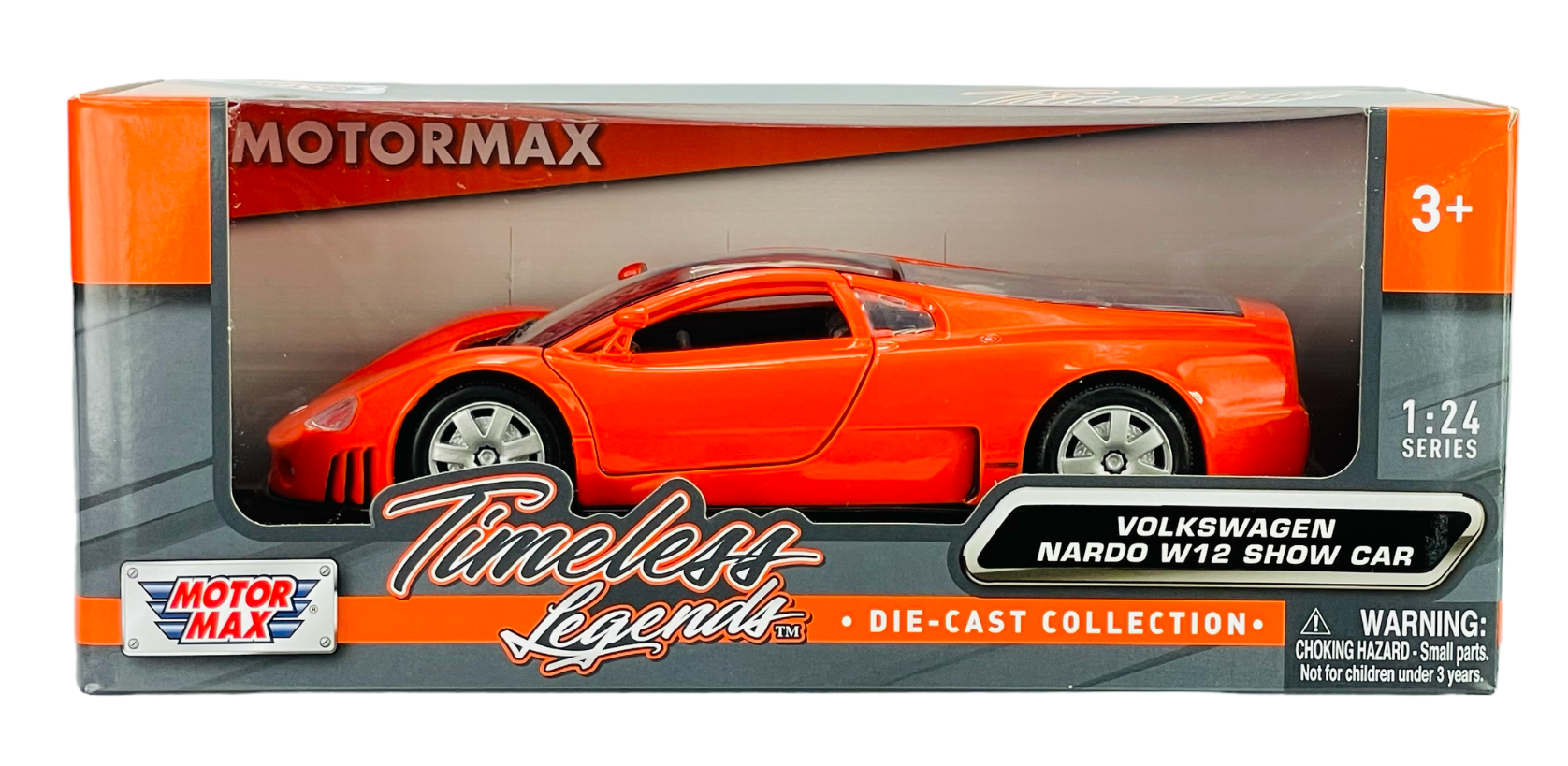 Pomarańczowy model samochodu Volkswagen Nardo W12 w skali 1:24 znajduje się w opakowaniu z napisem \'Timeless Legends\'. Na opakowaniu widoczne są logotypy \'MOTORMAX\' i \'Motor Max\', oraz ostrzeżenie o małych częściach dla dzieci poniżej 3 lat.