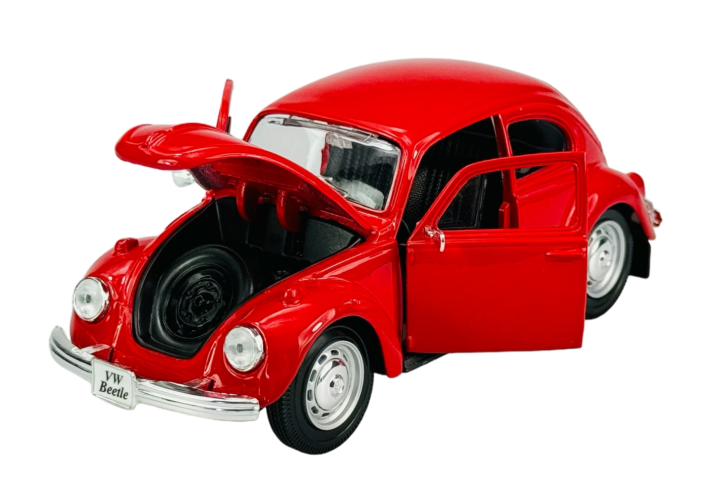 Czerwony model samochodu VW Beetle z otwartą maską i drzwiami. Na tabliczce z przodu widnieje napis \'VW Beetle\'.