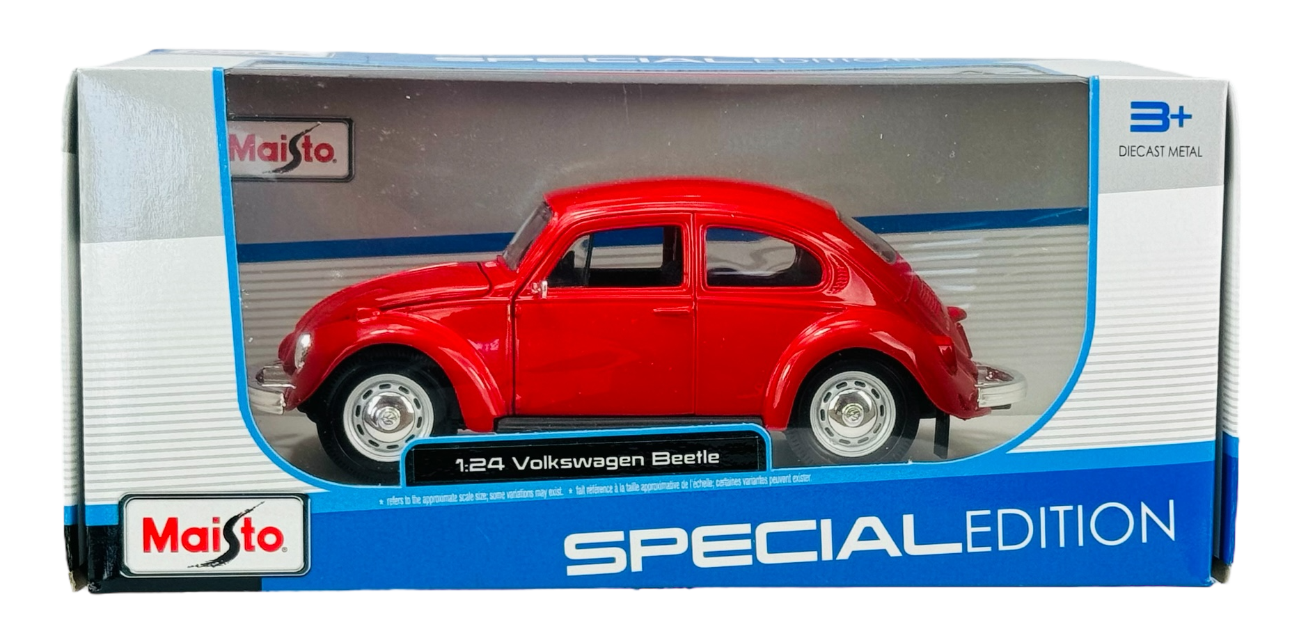 Opakowanie z modelem samochodu Maisto w skali 1:24, przedstawiające czerwony Volkswagen Beetle. Na opakowaniu widoczne są napisy: \'Maisto\', \'1:24 Volkswagen Beetle\', \'SPECIAL EDITION\'.