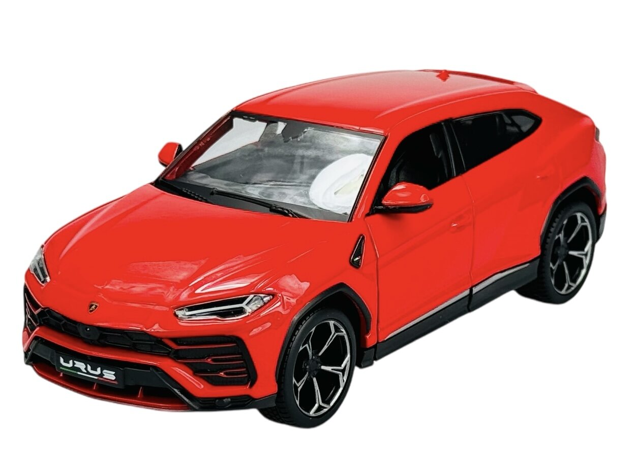 Czerwony model samochodu w skali 1:24, przypominający SUV z czarnymi detalami i srebrnymi felgami. Na przodzie widoczny jest napis \'URUS\'.