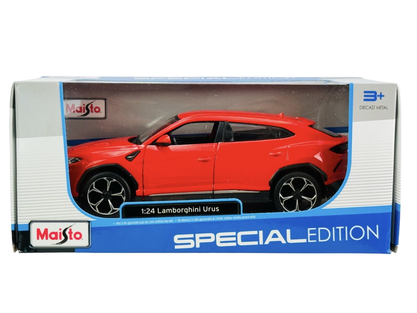Opakowanie modelu samochodu w skali 1:24 przedstawiające czerwony pojazd z napisem \'1:24 Lamborghini Urus\'. Na opakowaniu widoczne są logotypy \'Maisto\' i napis \'SPECIAL EDITION\'.
