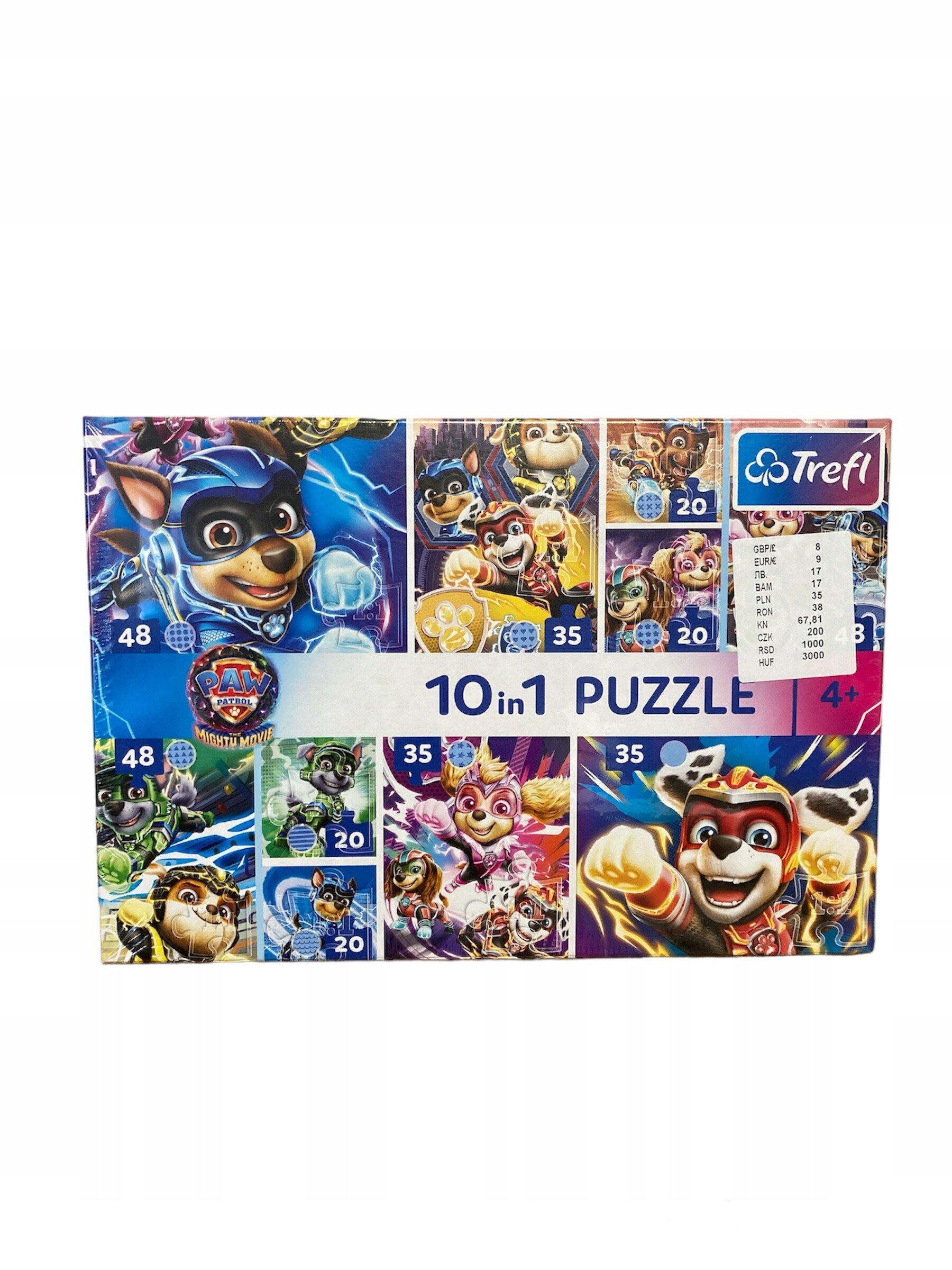 Opakowanie puzzli TREFL 10 in1 z motywem Psi Patrol Wielki Film, zawiera różne ilustracje postaci z bajki. Na opakowaniu widoczne są liczby oznaczające ilość elementów w poszczególnych zestawach: 48, 35 i 20 oraz logo TREFL.