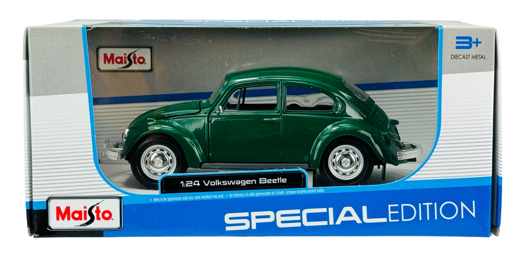 Model samochodu Volkswagen Beetle w kolorze zielonym w skali 1:24, zapakowany w pudełko z napisem \'Maisto\' i \'SPECIAL EDITION\'.