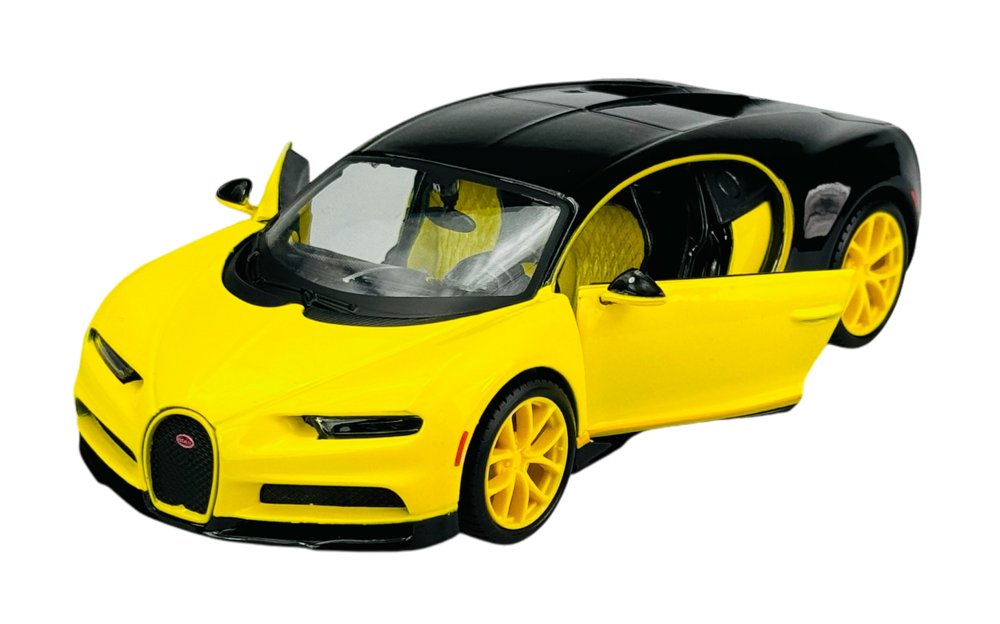 Model samochodu w skali 1:24 w kolorze żółtym z czarnym dachem i żółtymi felgami, z otwartymi drzwiami. Na przodzie widoczne jest logo producenta.
