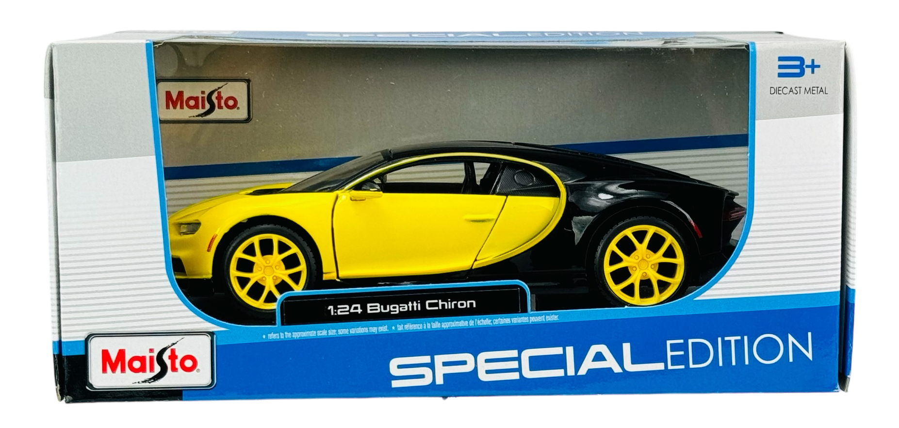 Model samochodu Bugatti Chiron w kolorze żółtym z żółtymi felgami, zapakowany w pudełko z napisem \'Maisto\' i \'SPECIAL EDITION\'.