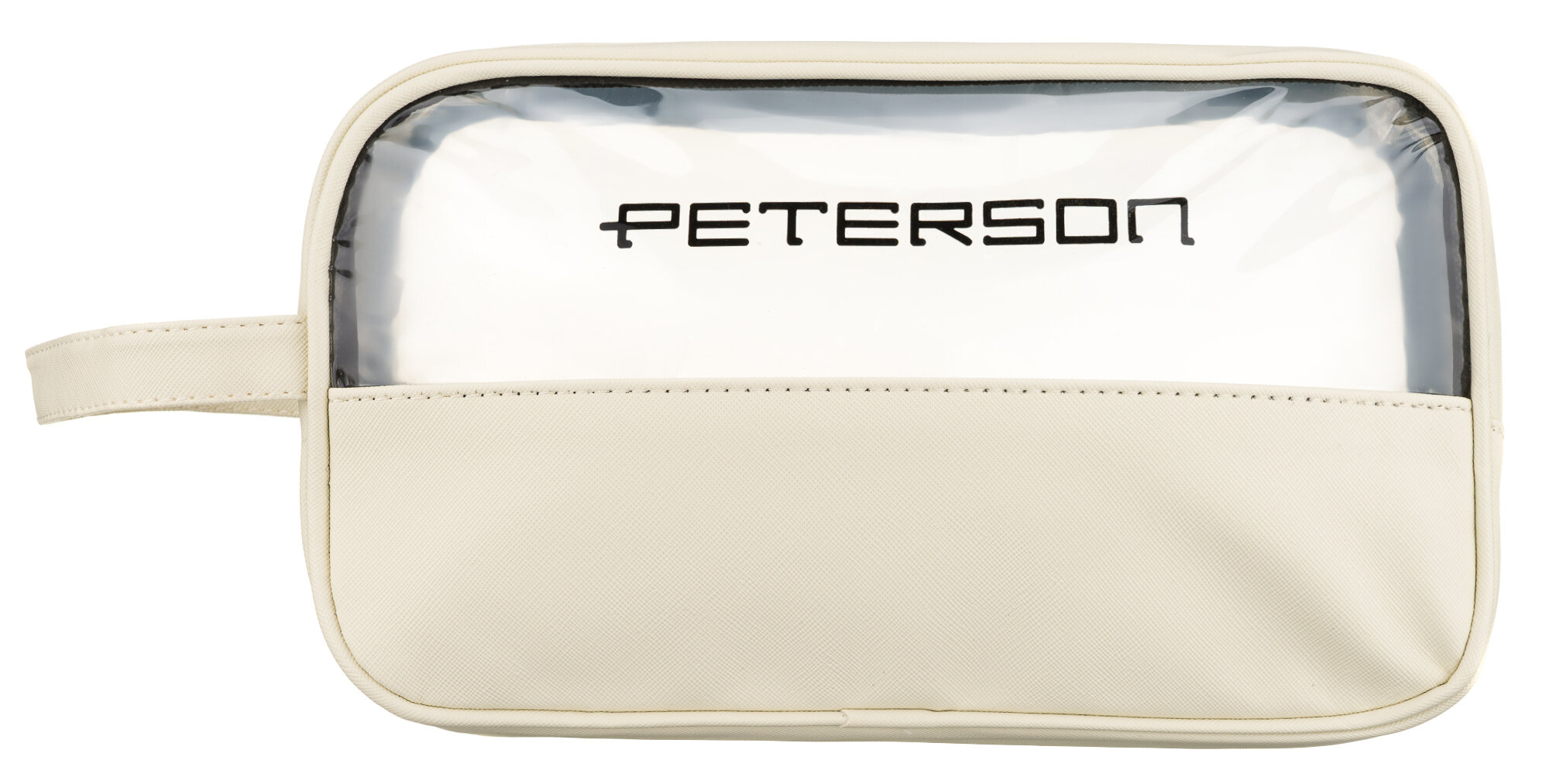 Kosmetyczka podróżna w kolorze ecru z przezroczystym panelem i uchwytem, z widocznym logo \'PETERSON\'.