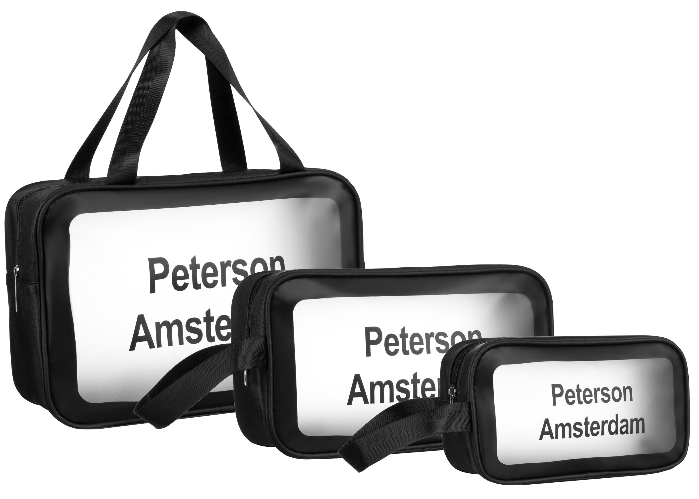 Na obrazie widoczne są trzy czarne, przezroczyste kosmetyczki z napisem \'Peterson Amsterdam\'. Każda z nich ma zamek błyskawiczny i różni się wielkością.