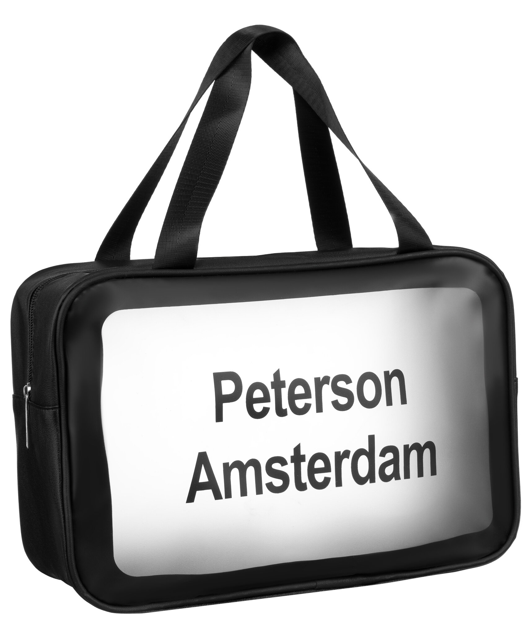 Czarna, przezroczysta kosmetyczka z napisem \'Peterson Amsterdam\' na przodzie, wyposażona w dwa uchwyty do noszenia.