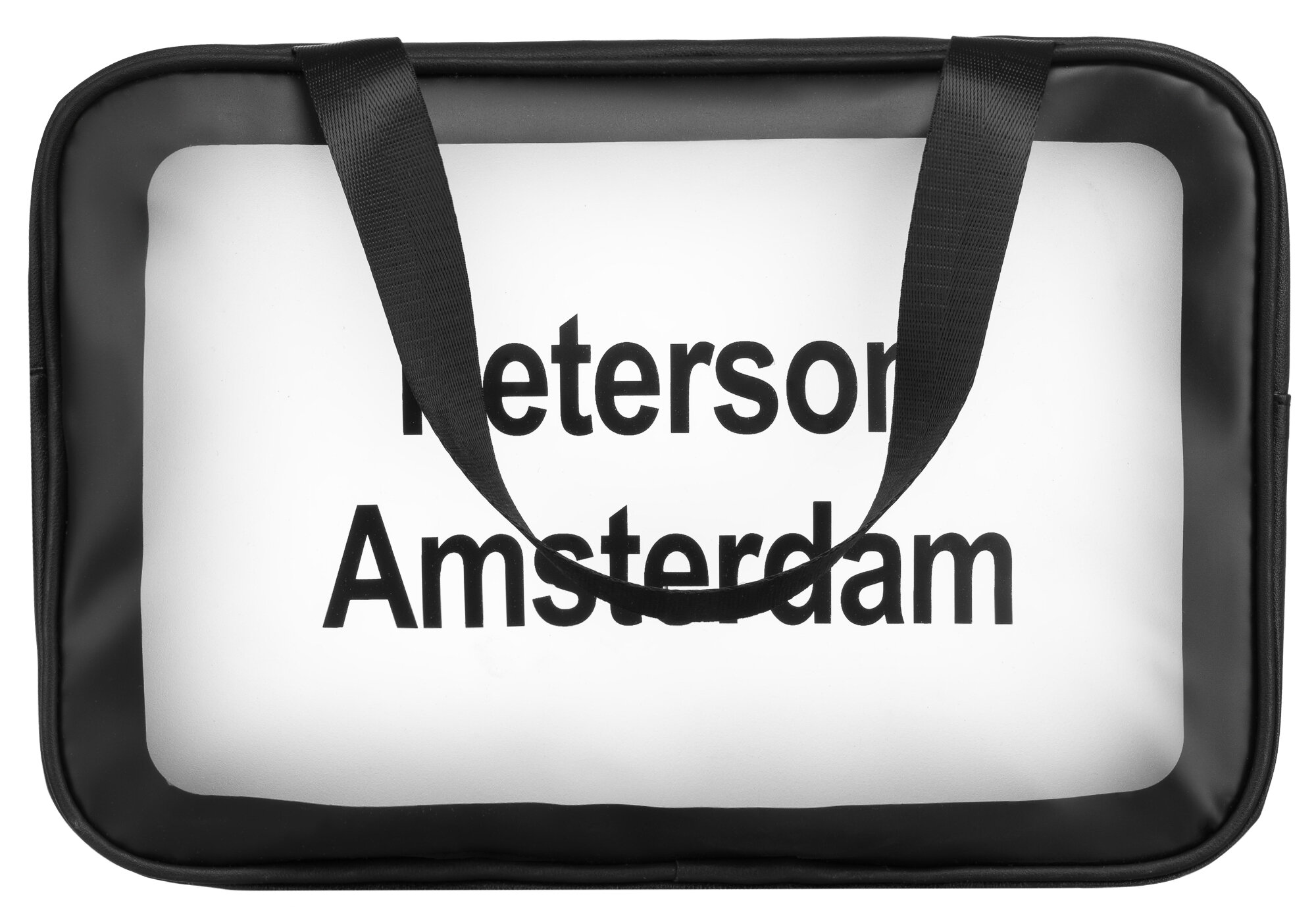 Czarna, przezroczysta torba z napisem \'Peterson Amsterdam\' na białym tle. Torba posiada dwa czarne uchwyty.