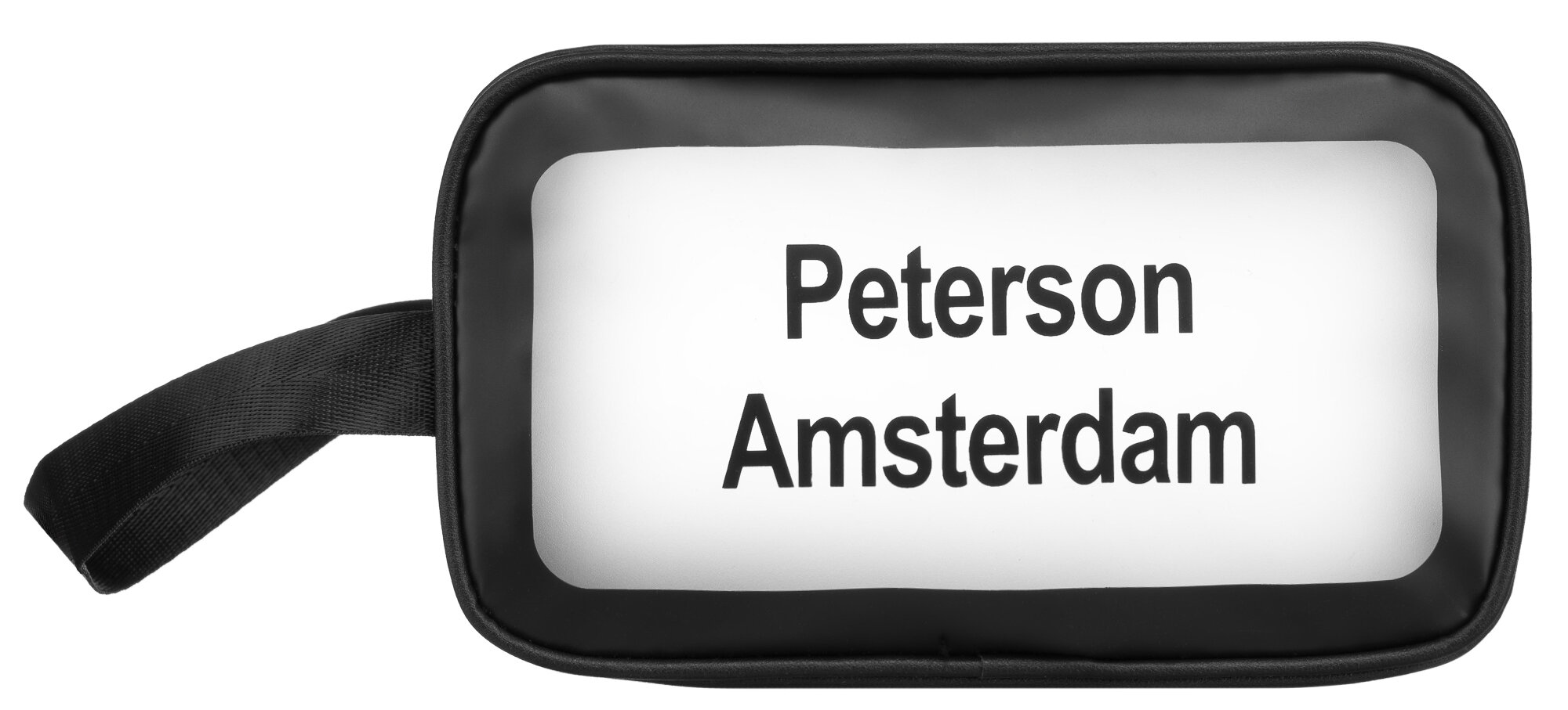 Czarna, prostokątna kosmetyczka z przezroczystym panelem, na którym widnieje napis \'Peterson Amsterdam\'.