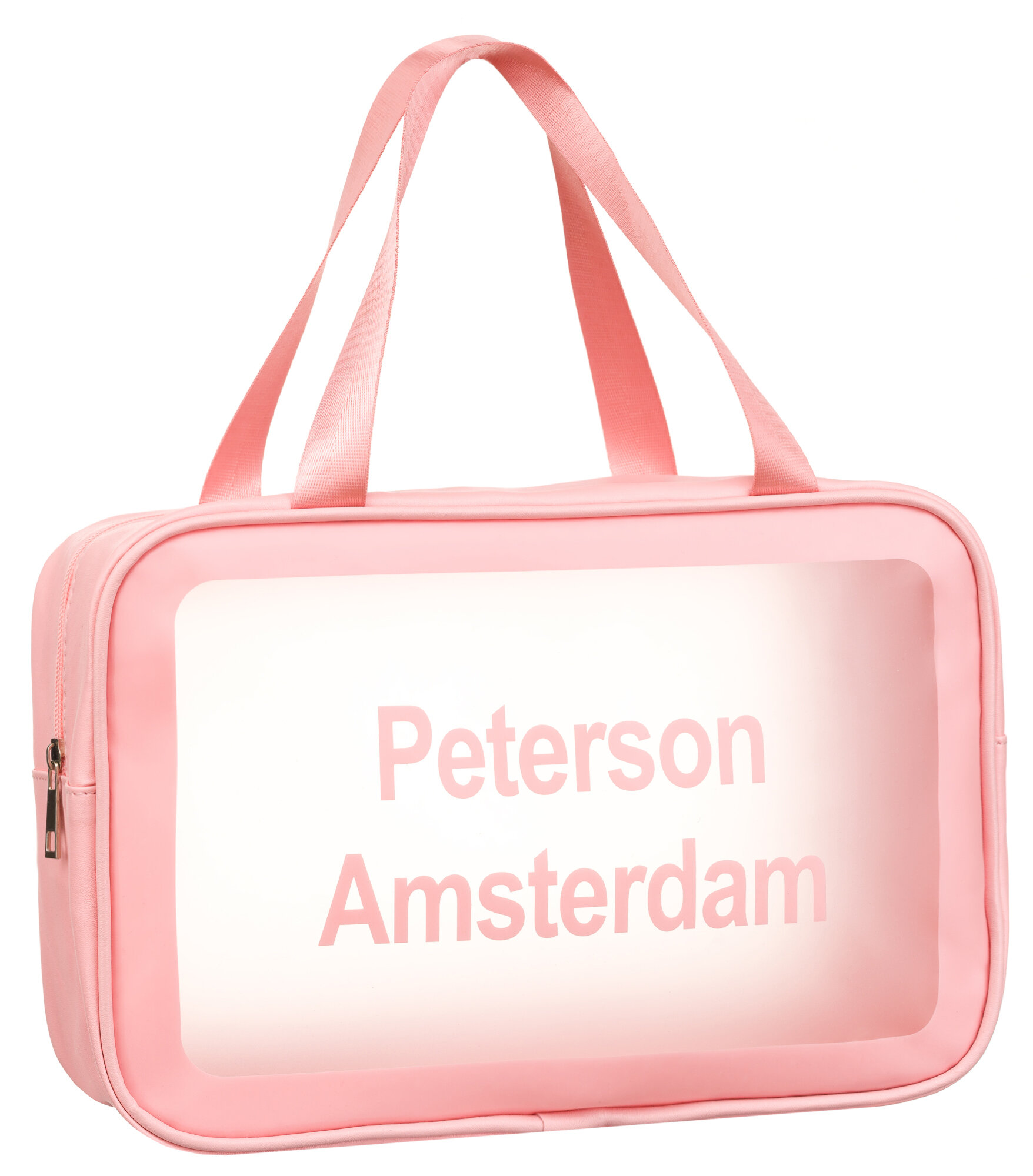 Różowa, przezroczysta kosmetyczka z uchwytami, na której widnieje napis \'Peterson Amsterdam\'.