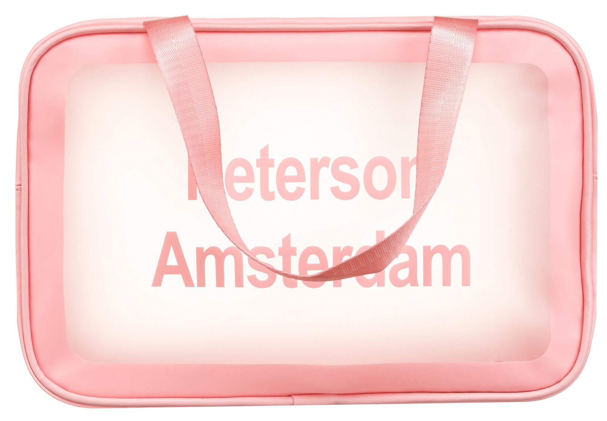 Różowa, przezroczysta kosmetyczka z uchwytami, na której widnieje napis \'Peterson Amsterdam\'.