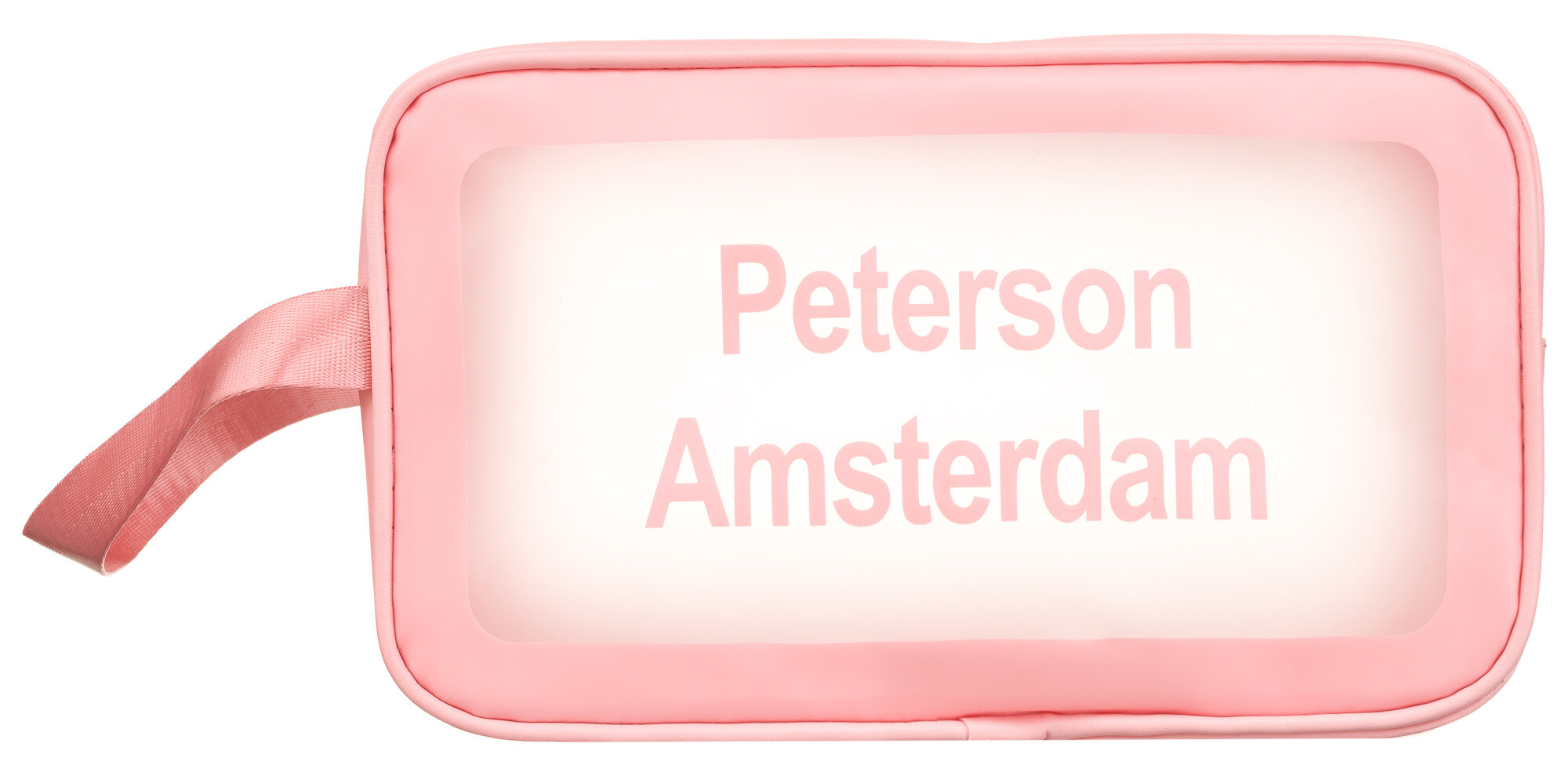 Różowa, przezroczysta kosmetyczka z napisem \'Peterson Amsterdam\' i uchwytem z boku.