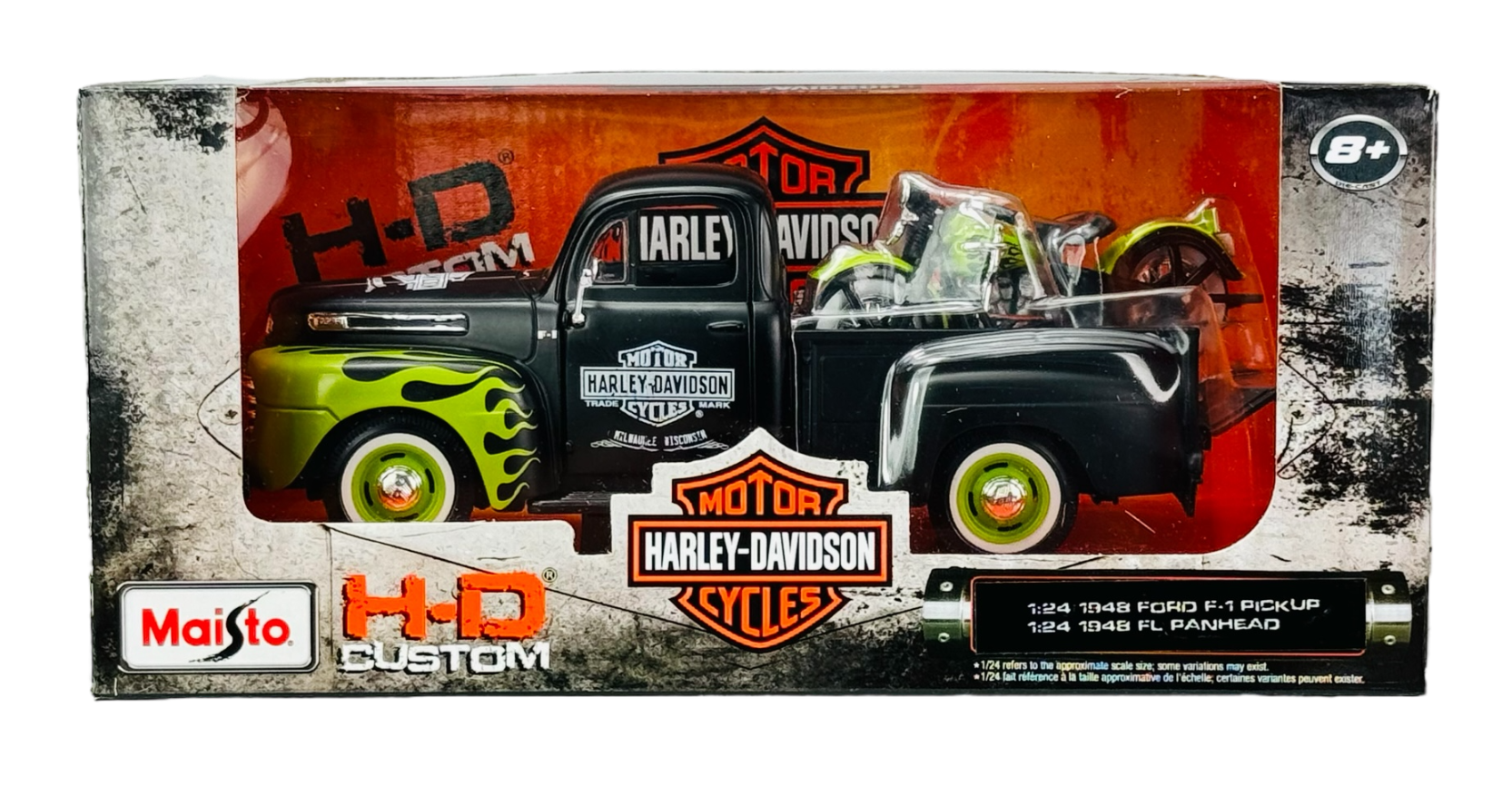 Opakowanie z modelem samochodu Ford F-1 Pickup z 1948 roku i motocyklem Harley-Davidson FL Panhead w skali 1:24. Na opakowaniu widoczne są loga Maisto i Harley-Davidson oraz napis \'H-D Custom\'.