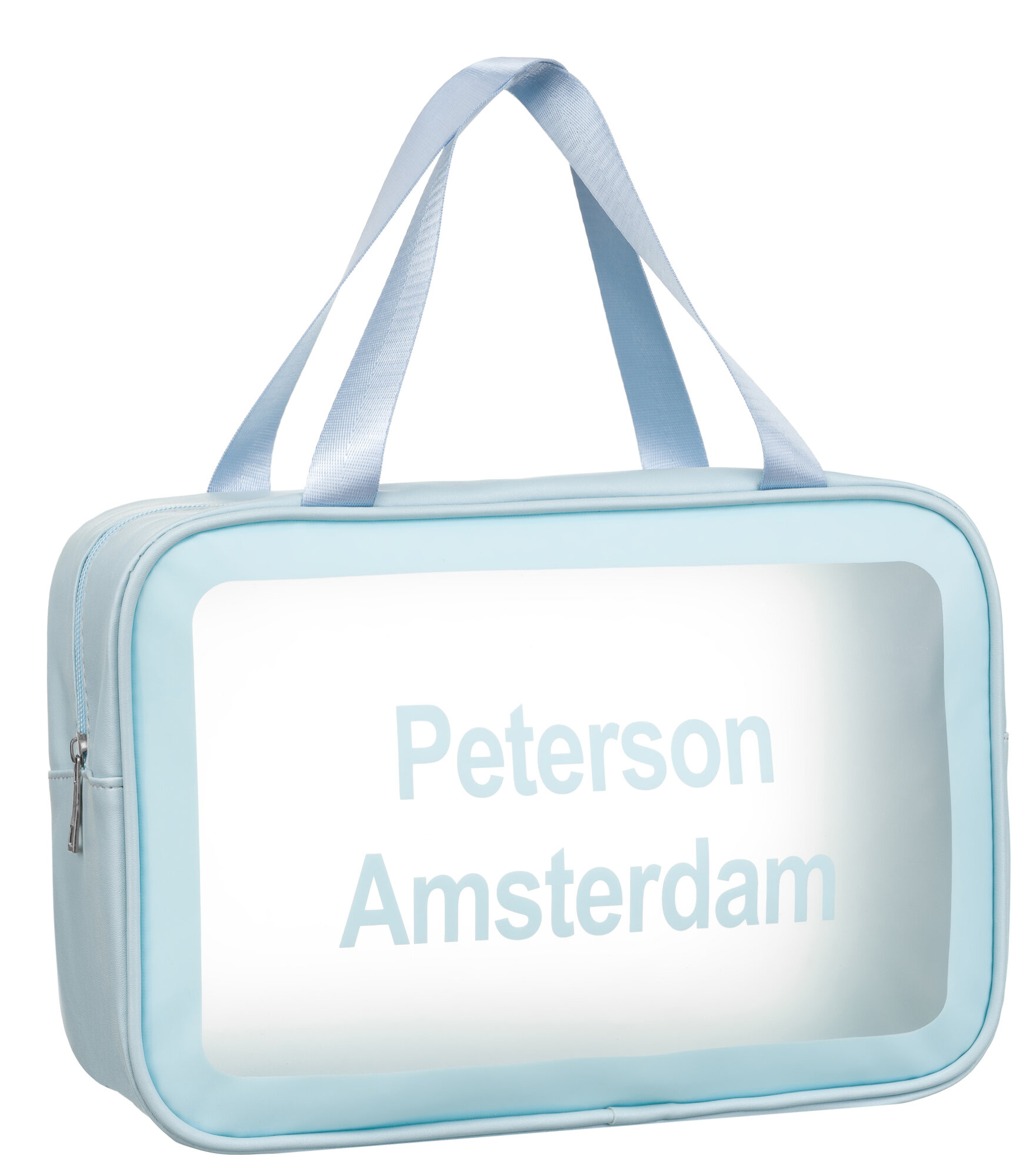 Przezroczysta kosmetyczka z niebieskimi krawędziami i uchwytami, z napisem \'Peterson Amsterdam\'.