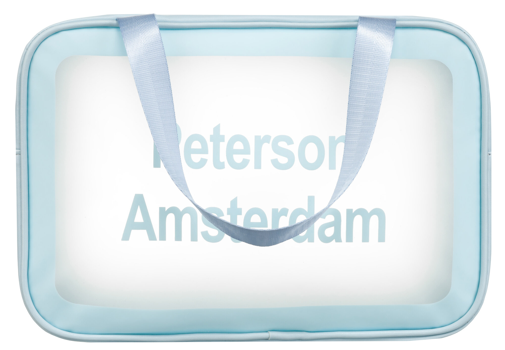 Przezroczysta kosmetyczka z niebieskimi krawędziami i uchwytami, z napisem \'Peterson Amsterdam\'.
