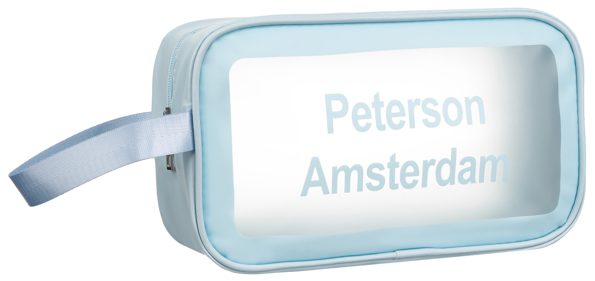 Niebieska, przezroczysta kosmetyczka z napisem \'Peterson Amsterdam\' i uchwytem z boku.
