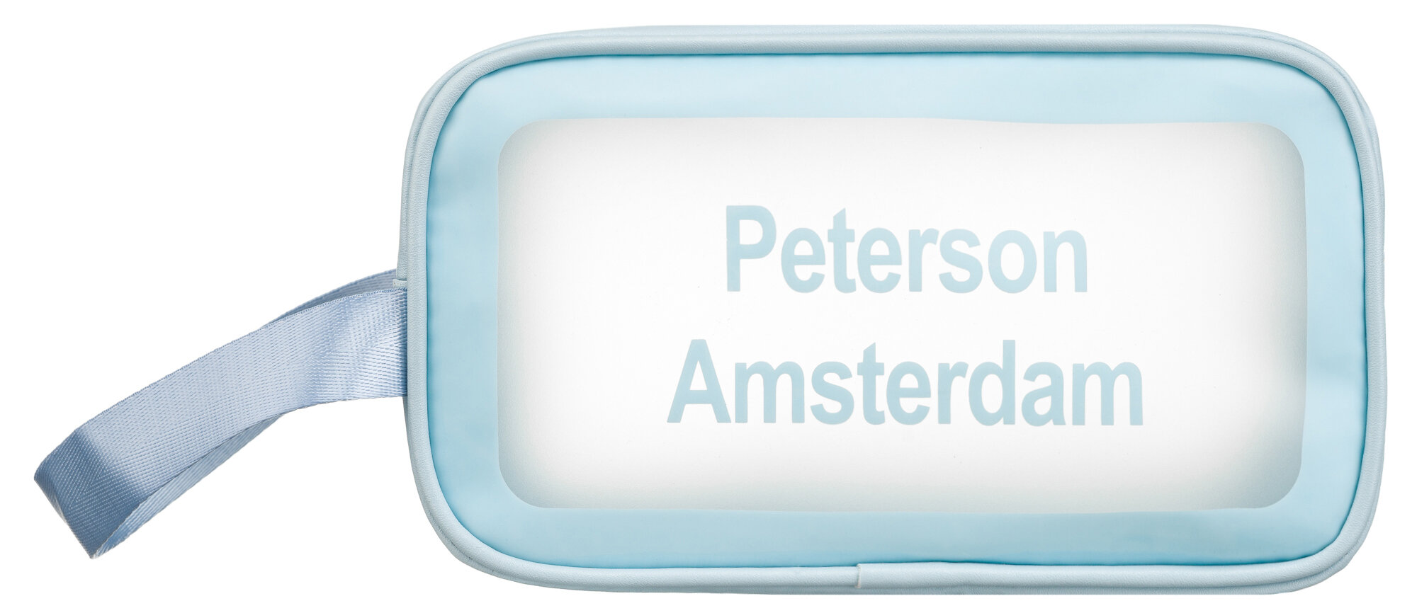 Niebieska, przezroczysta kosmetyczka z napisem \'Peterson Amsterdam\' i uchwytem z boku.