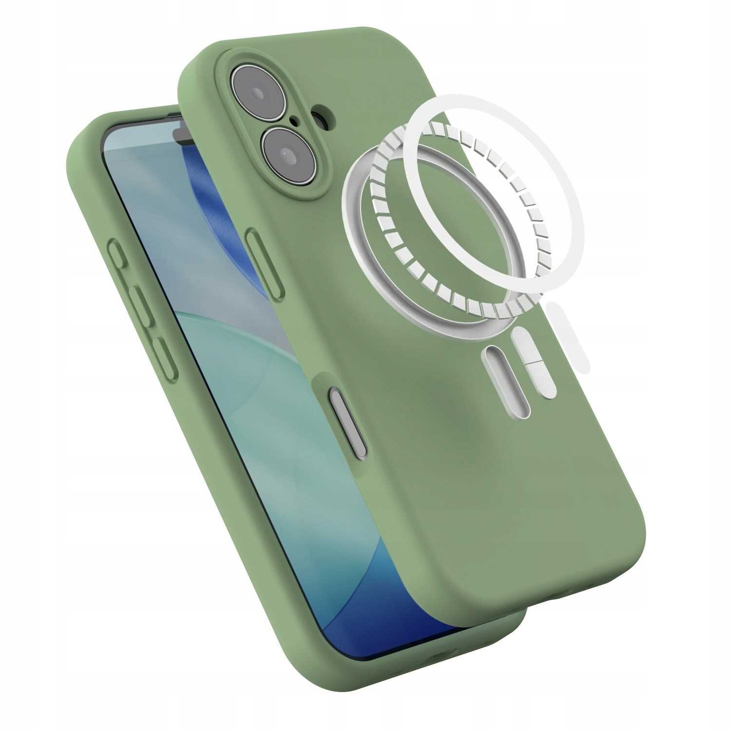 Zielone silikonowe etui magnetyczne z funkcją MagSafe, przeznaczone do iPhone 17. Etui posiada wycięcia na aparat i przyciski boczne.