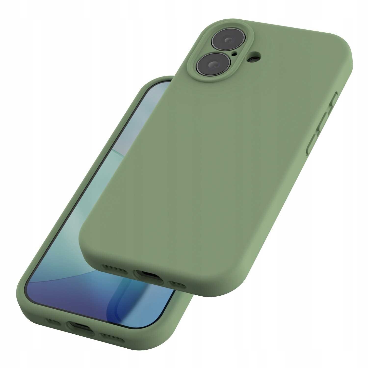 Zielone silikonowe etui na telefon z dwoma otworami na aparat i przyciskami po bokach. Etui jest pokazane na telefonie z widocznym ekranem.
