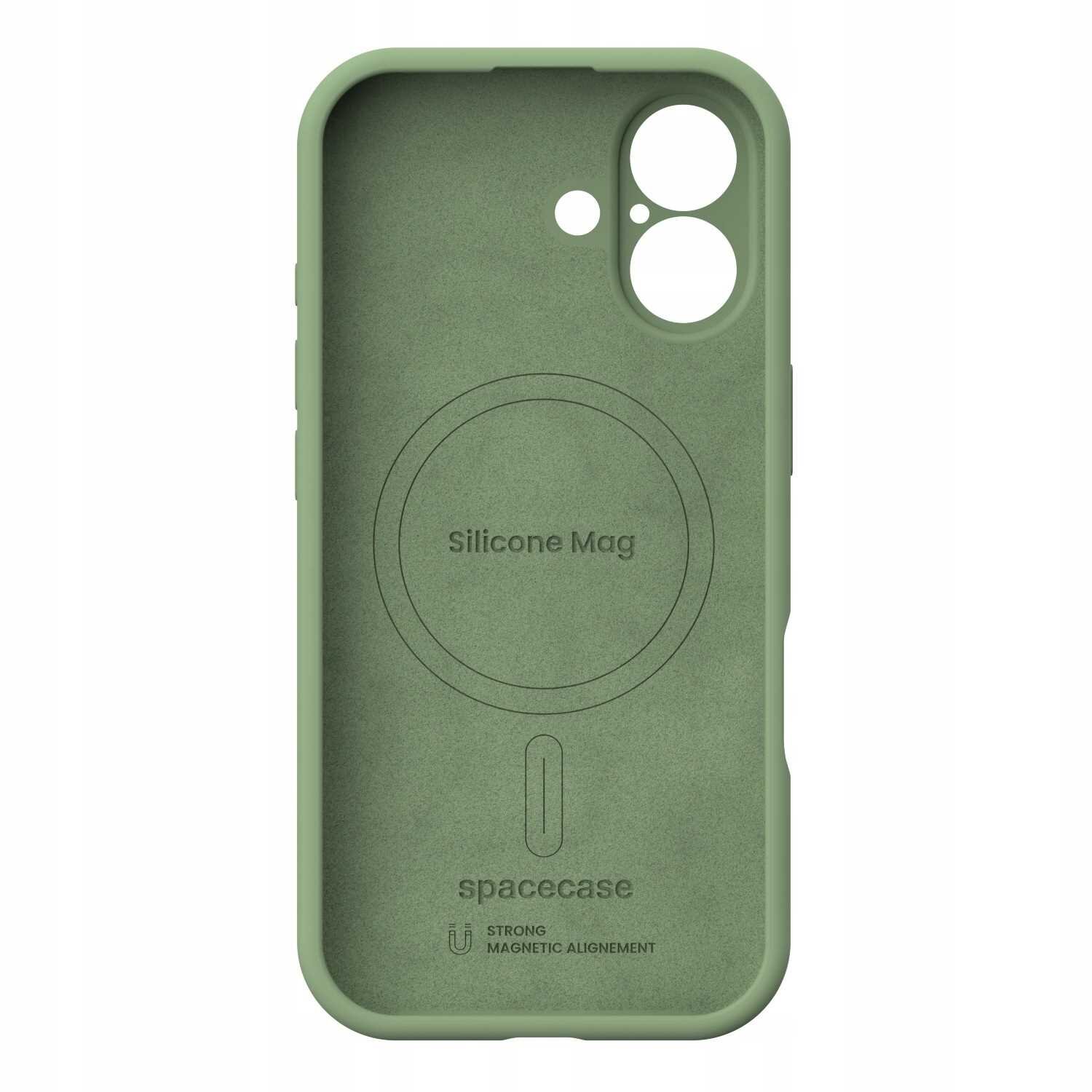 Zielone silikonowe etui z otworami na aparat i napisem \'Silicone Mag\' oraz \'spacecase\'. Widoczne jest również logo i napis \'STRONG MAGNETIC ALIGNEMENT\'.