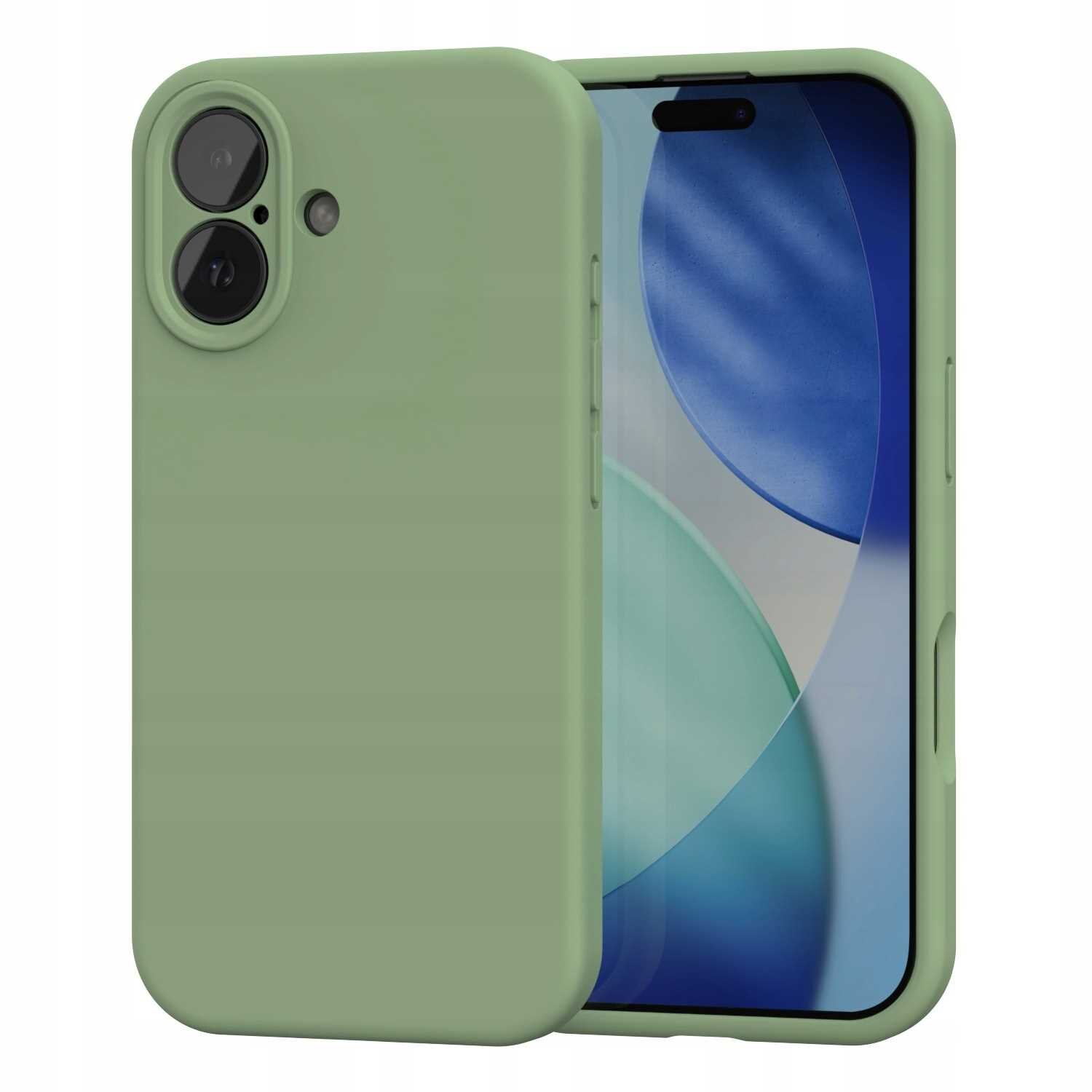 Zielone silikonowe etui na telefon z widocznymi dwoma aparatami i ekranem z abstrakcyjnym wzorem. Etui ma gładką powierzchnię i otwory na przyciski boczne.