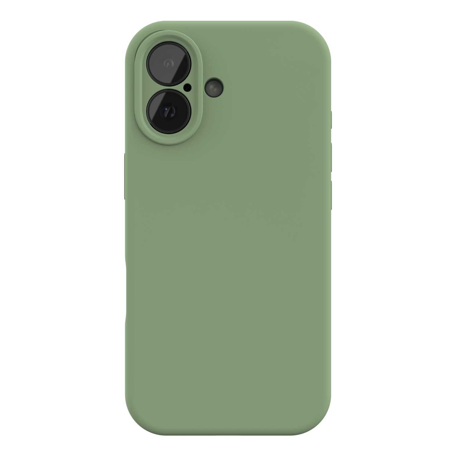 Zielone silikonowe etui na telefon z dwoma widocznymi otworami na aparat i dodatkowym mniejszym otworem obok. Powierzchnia etui jest gładka i jednolita.