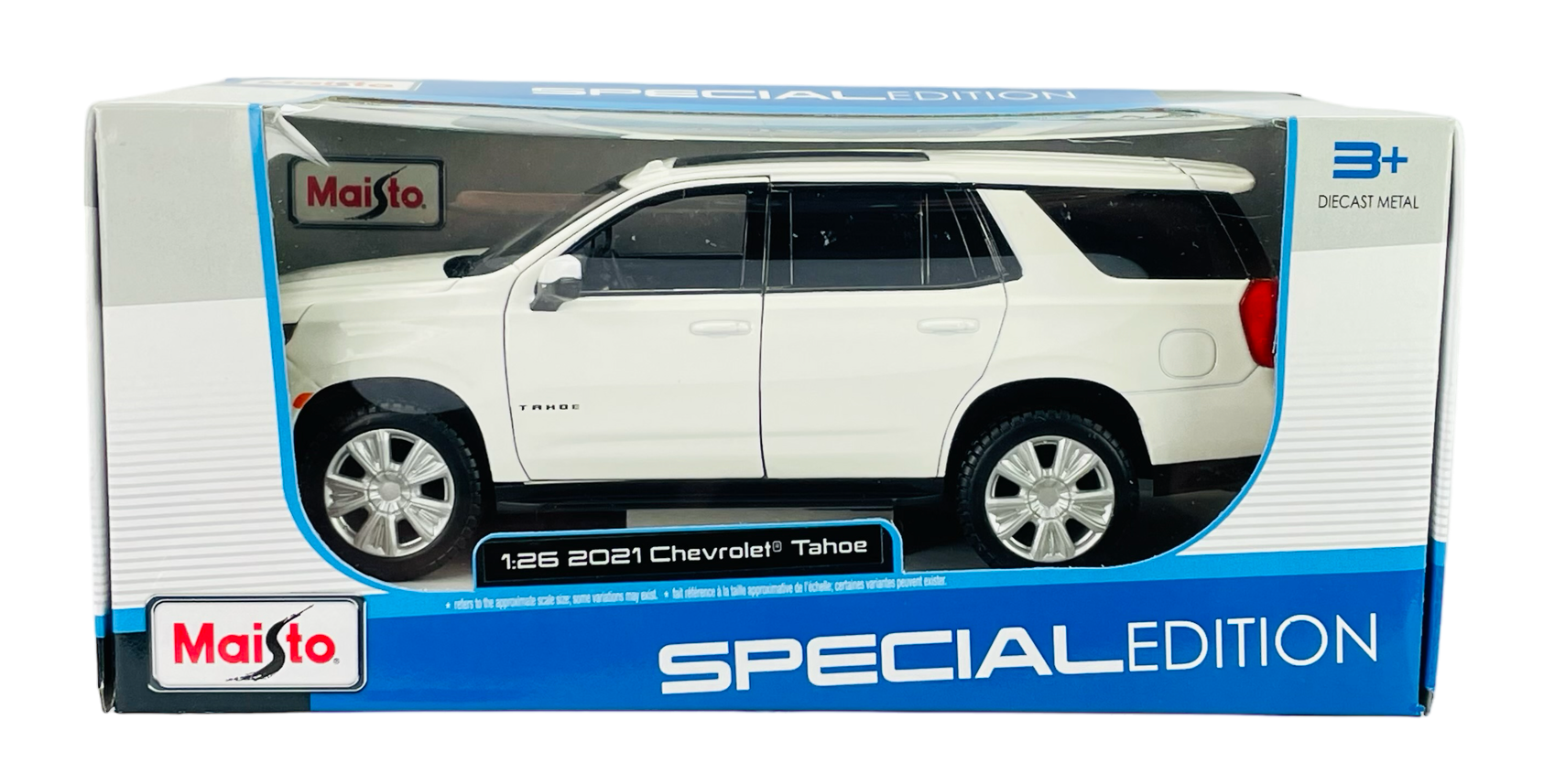 Opakowanie modelu samochodu Maisto 2021 Chevrolet Tahoe w skali 1:26, w kolorze białym, z napisem \'SPECIAL EDITION\'.