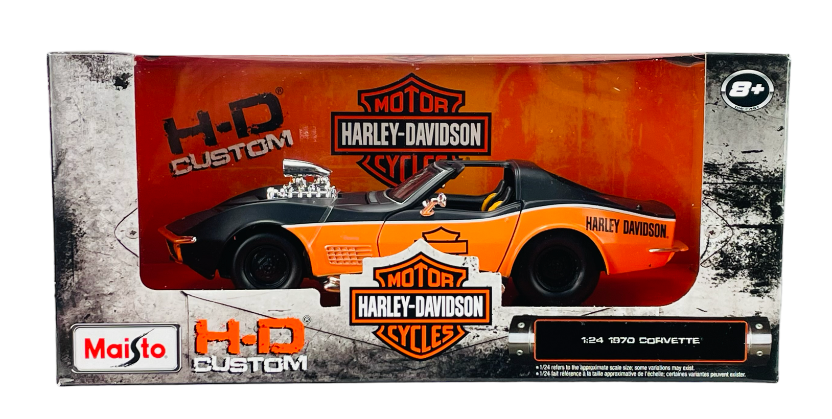 Opakowanie modelu samochodu Maisto 1970 Chevrolet Corvette w skali 1:24, z motywem Harley-Davidson. Widoczne są loga Maisto, H-D Custom oraz Harley-Davidson Motor Cycles.