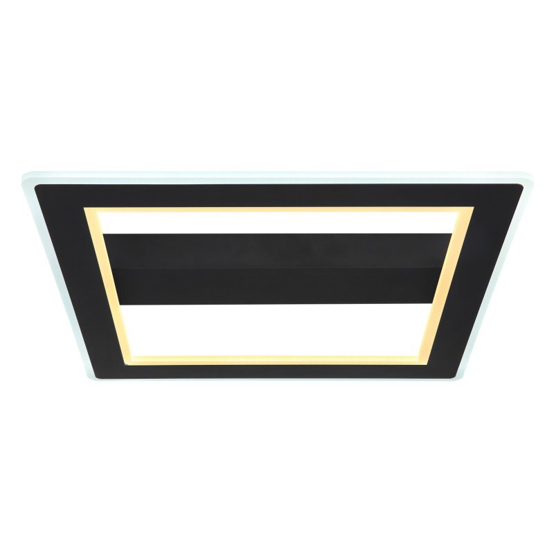 Kwadratowa lampa sufitowa LED w kolorze czarnym matowym z jasnym, świecącym obramowaniem wewnętrznym. Lampa ma nowoczesny design z prostokątnymi elementami świetlnymi.