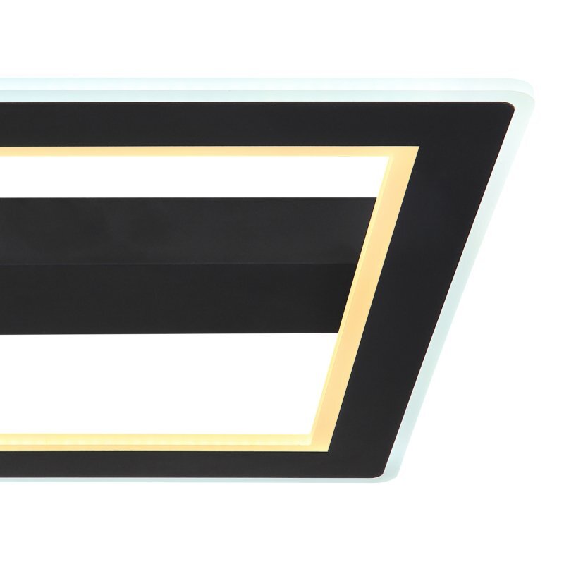 Kwadratowa lampa sufitowa LED w kolorze czarnym matowym z jasnym obramowaniem. Światło emituje z wewnętrznej krawędzi ramy.