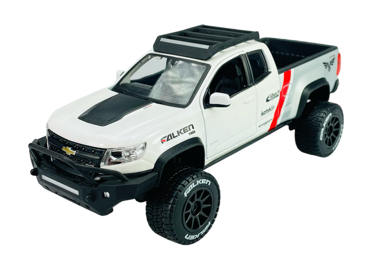 Model samochodu terenowego w kolorze białym z czarnymi i czerwonymi detalami, posiada logo \'Falken Tires\' na boku. Na masce widoczne jest logo producenta w kolorze złotym.