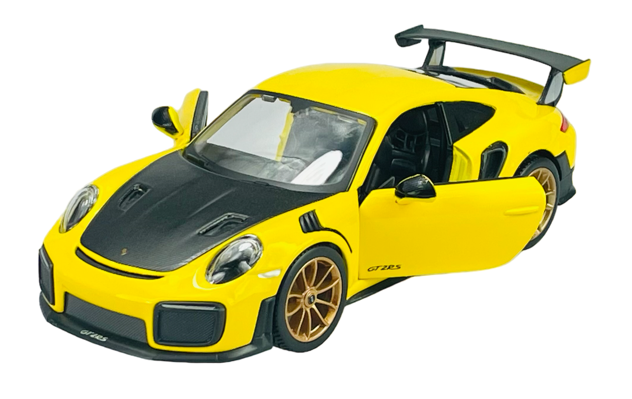 Żółty model samochodu sportowego z otwartymi drzwiami i czarnym spojlerem. Na drzwiach widoczny napis \'GT2 RS\'.
